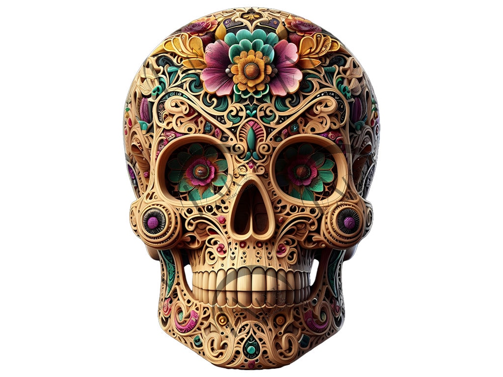 Mexican Floral Skull 3D Illusion Laser Engraving Design - Intricate Art for Day of the Dead, Unique Home Decor for CO2, Diode, Glowforge
