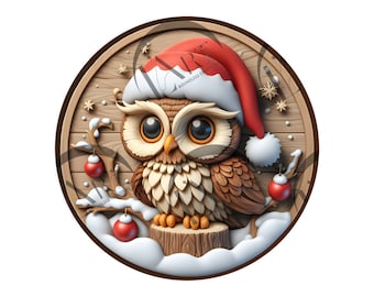 May include: A festive Christmas owl illustration. The owl, with large eyes and a Santa hat, sits on a wooden stump surrounded by snow and ornaments. The artwork is set within a circular wooden frame, creating a charming holiday scene.