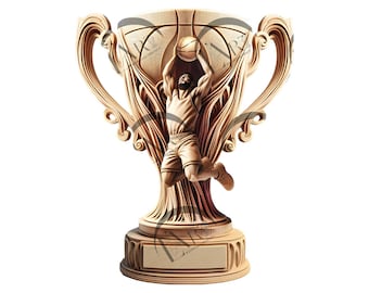 May include: A wooden basketball trophy with a detailed design of a player making a jump shot. The trophy has a base with a blank plaque for engraving.