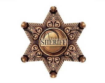 Ornate Sheriff Star Badge 3D Illusion Laser Engraving Design - Rustic Country Rodeo Art, Wild West Law Enforcement - CO2, Diode, Glowforge.