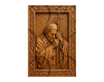 May include: A detailed wooden relief carving of a religious figure, framed in a decorative border. The figure, dressed in traditional robes, holds a crucifix and appears to be in prayer. The carving is in shades of brown and tan.