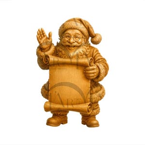 May include: A detailed illustration of Santa Claus, rendered in warm, golden tones. He is depicted with a friendly expression, wearing a traditional hat and holding a scroll. The image evokes a sense of holiday cheer and festive spirit.