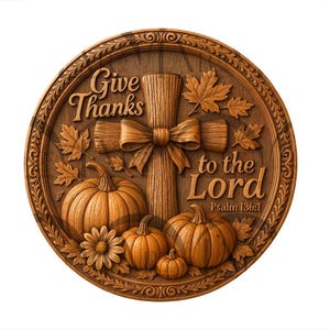 May include: A circular wooden plaque with a carved design. It features a cross with a bow, pumpkins, leaves, and the words "Give Thanks to the Lord" and "Psalm 136:1". The colour is a warm brown.