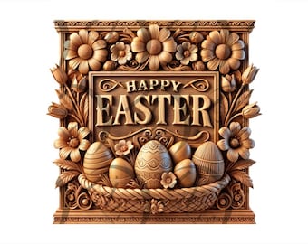 May include: A wooden carved sign with the words "Happy Easter" in a decorative font. The sign is surrounded by carved flowers and a basket of Easter eggs.