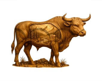 May include: A detailed wooden sculpture of a bull with a landscape carved into its side. The landscape depicts mountains, trees, and a small cabin. The bull is brown with curved horns and stands on a base of rocks and grass.