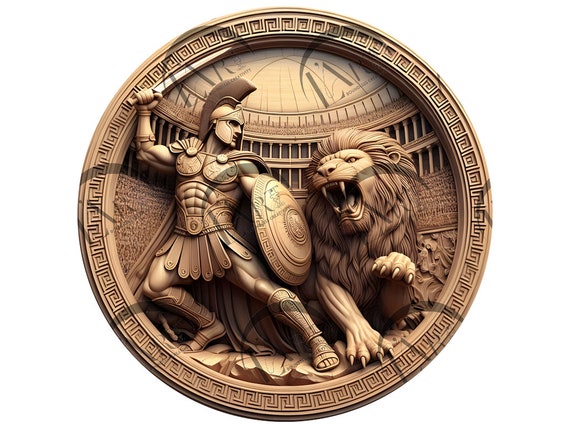 Spartan Warrior and Lion 3D Illusion Laser Engraving Design - Intricate Ancient Greek Gladiator Art,  Home Decor for CO2, Diode, Glowforge