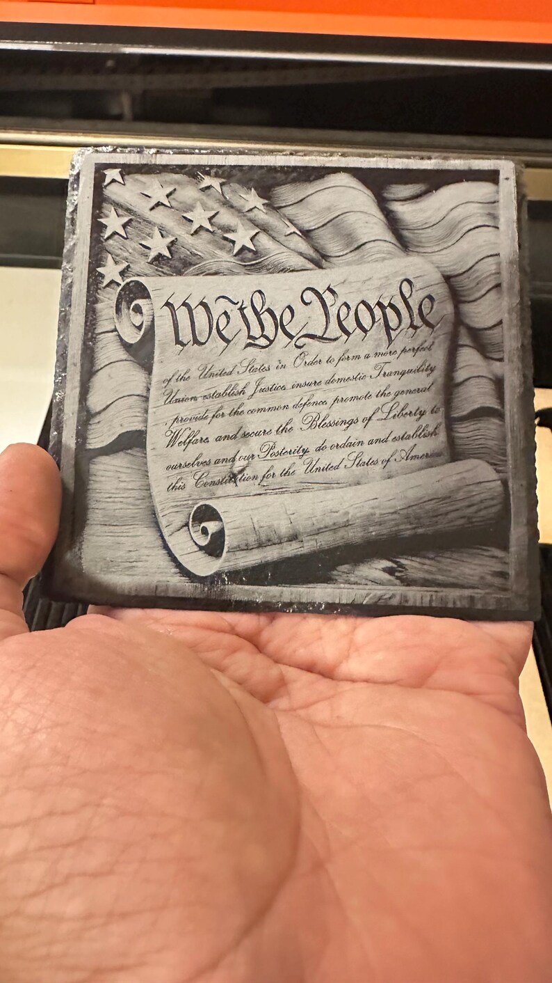 We the People Scroll 3D Illusion Laser Engraving Design | American Patriotic Constitution | July 4th Independence Day. USA flag Wood & Slate