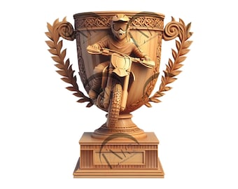 May include: A wooden trophy with a motocross rider on a motorcycle. The trophy has a base and a cup with a laurel wreath handle.