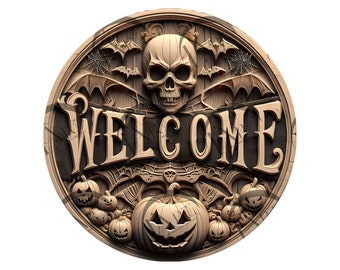Spooky Halloween Welcome Door Hanger Sign 3D Illusion Laser Engraving Design - Spooky Art -  Haunted Skull & Pumpkin - CO2, Diode, Glowforge
