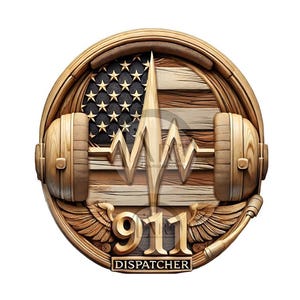 May include: A wooden round sign with a carved American flag, a heartbeat graphic, and the number 911. The sign also has carved headphones and wings and the text "DISPATCHER".