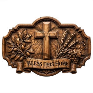 May include: A decorative wooden wall plaque featuring a central cross, olive branches on the left, and wheat stalks with grapes on the right. A banner at the bottom displays the text BLESS THIS HOME in a dark, serif font against the wood grain.