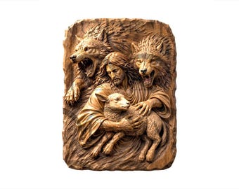 Jesus the Good Shepherd Protecting the Lamb – 3D Illusion Laser Engraving Design – Wolves & Lamb Scene – Christian Wall Art. CO2, Diode.