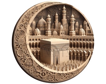 May include: A detailed wooden carving of the Kaaba in Mecca, Saudi Arabia, surrounded by a crescent moon and intricate Islamic designs.