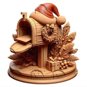 Pode incluir: Uma caixa de correio de madeira decorada para o Natal com um chapéu de Papai Noel, uma coroa e ramos de pinheiro. Uma pequena caixa de presente fica na base da caixa de correio.
