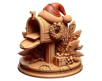 May include: A wooden mailbox decorated for Christmas with a Santa hat, a wreath, and pine branches. A small gift box sits on the base of the mailbox.