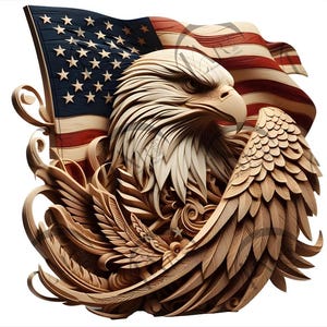 May include: A wooden carving of a bald eagle with its wings spread, holding an American flag in its talons. The eagle is intricately carved with detailed feathers and a fierce expression.