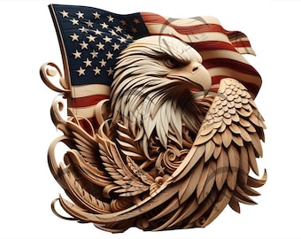 Majestic Eagle & American Flag 3D Illusion Laser Engraving Design - Independence Day, Memorial, Veterans , Patriotic - CO2, Diode, Glowforge