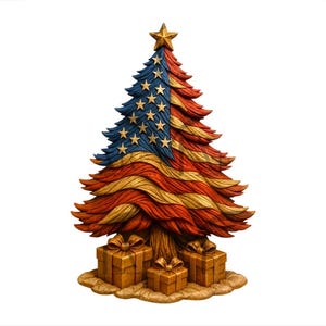 May include: A patriotic Christmas tree sculpture with the American flag design. The tree features blue, red, and gold colors, with a gold star on top. Three gift boxes are at the base of the tree.