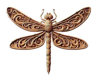 May include: A wooden dragonfly sculpture with intricate carvings in a light brown color. The wings are detailed with swirling patterns and the body is elongated with a pointed tail.
