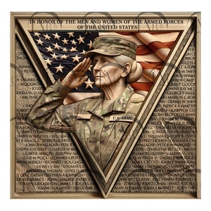 Veteran Patriotic Military Tribute, 3D Illusion Laser Engraving Design, Saluting American Female Soldier, USA Flag, Heroes on Memorial Wall.
