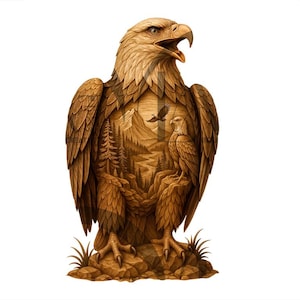 Może przedstawiać: Szczegółowa ilustracja bielika z otwartym dziobem, wyrzeźbionego w drewnie. Ciało orła przedstawia krajobraz z górami, drzewami i innym orłem. Grafika jest na białym tle.