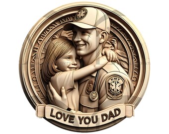 May include: A wooden carving of a father and daughter. The father is an EMT and is wearing a uniform with an EMT patch. The daughter is hugging her father and they are both smiling. The carving is in a circular frame with Roman numerals around the edge. The carving has a banner at the bottom that says "Love You Dad".