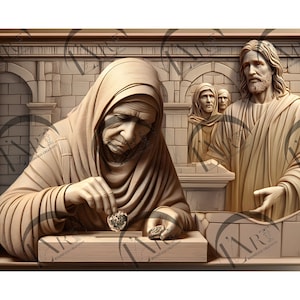 Puede incluir: Una talla de madera que representa una escena de la Biblia. Una mujer con un pañuelo en la cabeza está arrodillada y sostiene una moneda en su mano. Un hombre con una túnica está de pie detrás de ella, con la mano extendida. La talla está colocada sobre un fondo de pared de ladrillo.