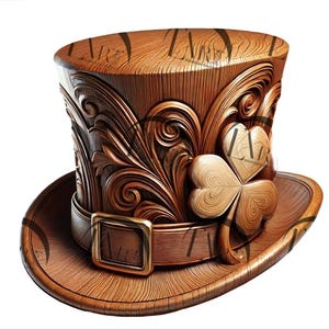 May include: A wooden top hat with intricate carvings and a shamrock design. The hat has a brown leather band with a gold buckle.