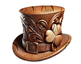 May include: A wooden top hat with intricate carvings and a shamrock design. The hat has a brown leather band with a gold buckle.