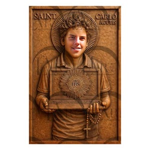May include: A wooden relief carving of Saint Carlo Acutis holding a laptop with a religious symbol. The carving is in a rectangular frame with the words "SAINT" and "CARLO ACUTIS" at the top. A rosary with a cross hangs from his hands.