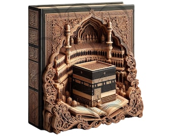 Diseño digital de ilusión 3D de Al Kaaba con libro del Corán para grabado láser, arte islámico de alto detalle. Láser de CO2 | Láser de diodo | Láser Glowforge