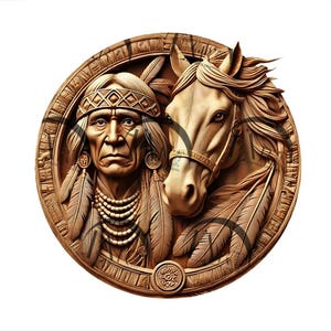 May include: A wooden carving of a Native American man with feathers and a horse. The carving is in a circular frame and is painted in shades of brown.