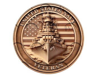 May include: A wooden plaque with a carved image of a United States Navy ship and an American flag. The plaque is brown and has the words "United States Navy Veteran" carved into it.