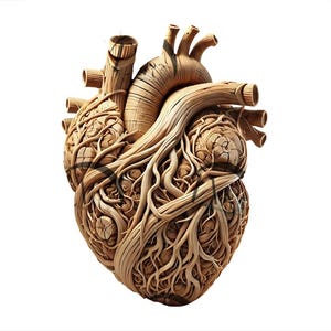 May include: A wooden heart sculpture with intricate details resembling branches and roots. The heart is carved from a light brown wood and has a natural, organic texture.