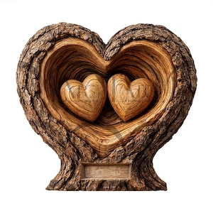 Puede incluir: Una escultura de madera con dos tallas en forma de corazón dentro de un marco más grande en forma de corazón. La escultura tiene un acabado de veta de madera natural y un exterior de corteza rugosa y texturizada. La base tiene un espacio rectangular.