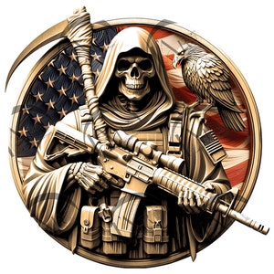 May include: A gold-colored skeletal figure wearing a hooded robe and holding a rifle. The figure is standing in front of an American flag with a bald eagle perched on the flag.