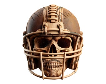 May include: A wooden skull wearing a brown and gold football helmet. The skull is intricately carved with details on the face and the helmet.