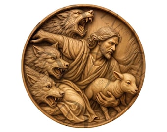 Il Buon Pastore Gesù che Protegge l'Agnello – Design per Incisione Laser con Illusione 3D – Scena di Lupi e Agnello – Arte Murale Cristiana. CO2, Diodo.