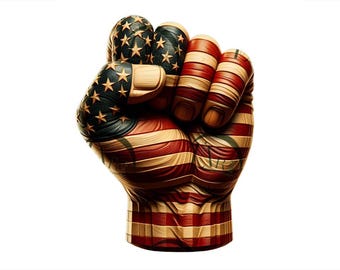 May include: A raised fist with the American flag painted on it. The fist is clenched tight, with the thumb tucked inside. The flag is painted in a realistic style, with the red, white, and blue colors clearly visible.