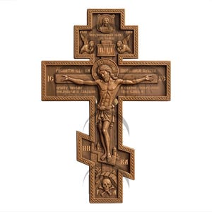 May include: A wooden crucifix with a carved image of Jesus Christ on the cross. The cross is decorated with intricate carvings and the inscription "ИС КИСТОЧКА" in Cyrillic script.