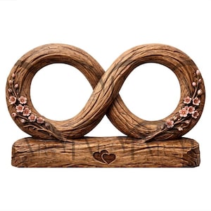 May include: A wooden infinity symbol sculpture with a base, featuring a carved wood grain texture. The sculpture has a pair of hearts carved into the base. Delicate pink flowers adorn the loops, adding a touch of color.