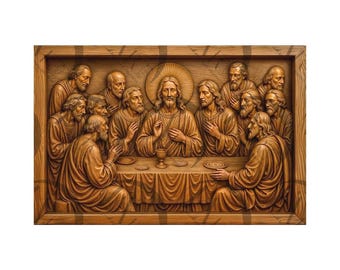 May include: A wooden relief carving depicting the Last Supper. Jesus Christ is seated at the center of the table with 12 disciples surrounding him. The carving is detailed and realistic, with each figure having distinct facial features and expressions.