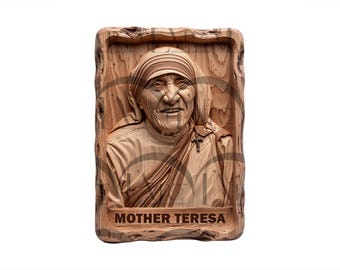 Mother Teresa – 3D Illusion Laser Engraving Design | Catholic Saint Portrait PNG | Christian Wood Carving File for Glowforge xTool CO2 Diode