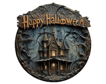 Haunted House Halloween Door Hanger 3D Illusion Laser Engraving Design - Spooky Art -  Happy Halloween - Bats - CO2, Diode, Glowforge, xTool