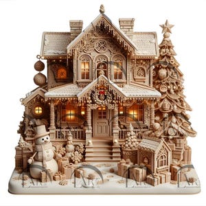 May include: A detailed, cream-colored Christmas village scene. The centerpiece is a two-story house with intricate carvings, a porch, and a Christmas tree. Snowmen, presents, and a small house add to the festive holiday display.