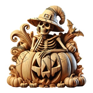 May include: A wooden carving of a skeleton wearing a witch's hat and sitting inside a jack-o'-lantern. The skeleton is holding its chin in thought. There are several smaller pumpkins around the base of the jack-o'-lantern.