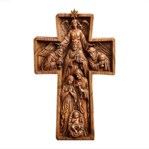 May include: Wooden cross with carved religious figures. The cross features an angel, the three wise men, Mary, Joseph, and baby Jesus. The cross is made of a light brown wood and has a star at the top.