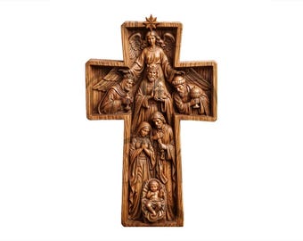 Nativity Cross 3D Illusion Laser Engraving Design - Holy Family, Angels & Wise Men. Baby Jesus, Virgin Mary, St. Joseph. Christmas Ornaments