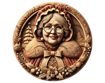 May include: A round wooden carving of a woman with a red and white hat, wearing glasses and a fur collar. The carving is surrounded by a wreath of holly and other greenery.