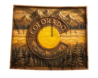 May include: Wooden wall art featuring a carved landscape of Colorado. The design includes mountains, pine trees, and the word "COLORADO" in a circular design. The artwork is framed in a dark wood.